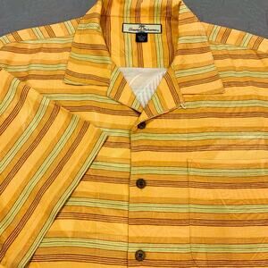 Tommy Bahama Shirt‎ Mens Large 100% Silk Orange Striped Floral Button Hawaiian